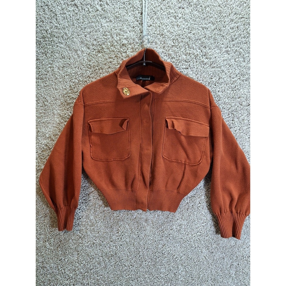 Broadway Cropped Jacket Womens XS Brown Ribbed Hem Front‎ Pockets Raglan Sleeve